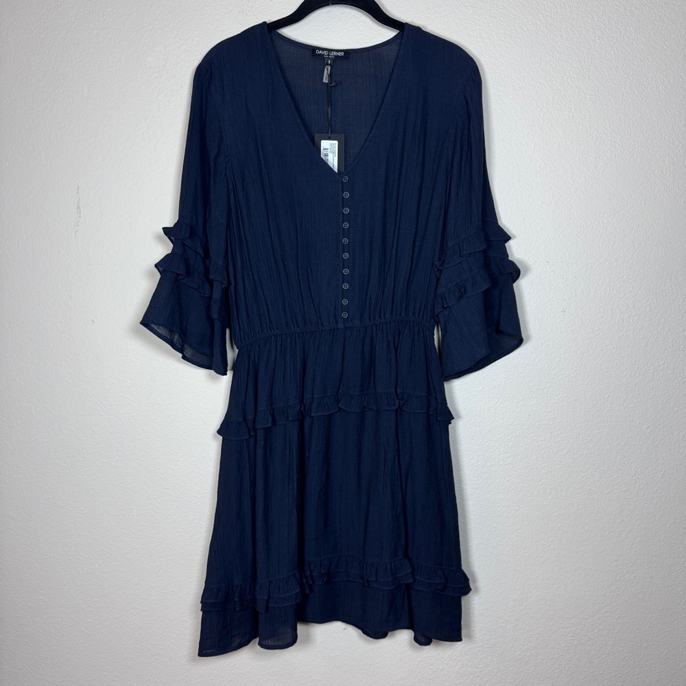 David Lerner Navy Ruffle Bell Sleeve Dress Size Small NWT